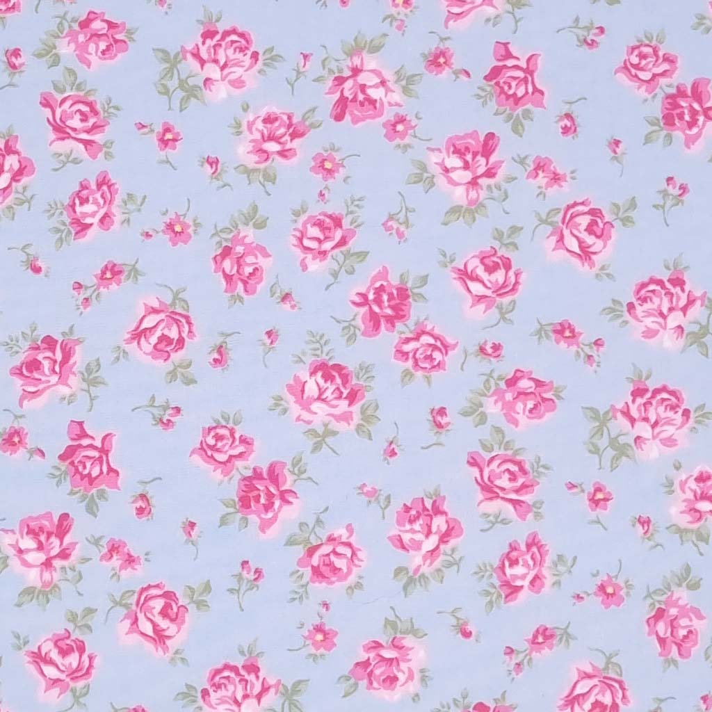 Poplin de bumbac cu imprimeu floral albastru cu roz