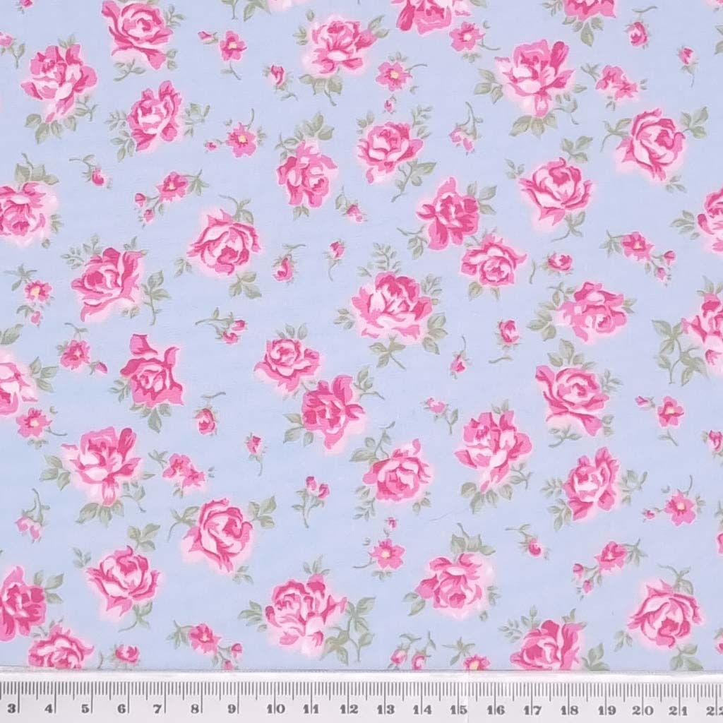 Poplin de bumbac cu imprimeu floral albastru cu roz