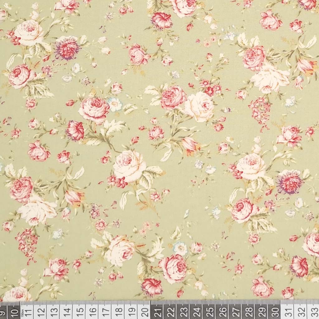 Poplin de bumbac cu imprimeu floral cu verde