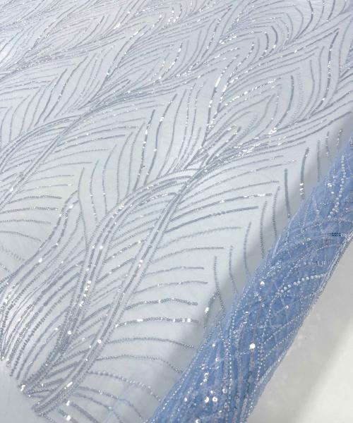 MD 1005 - Broderie dantelă cu mărgele perle albastru bleu deschis - Ambar Textile