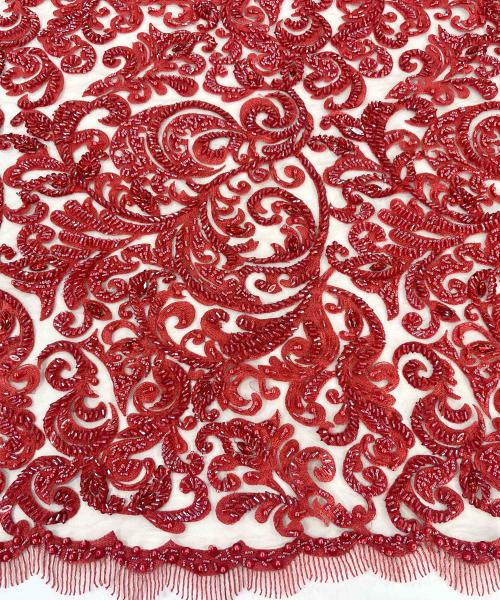 MDCH 010 - Dantelă / broderie cu mărgele și paiete roșii - Ambar Studio