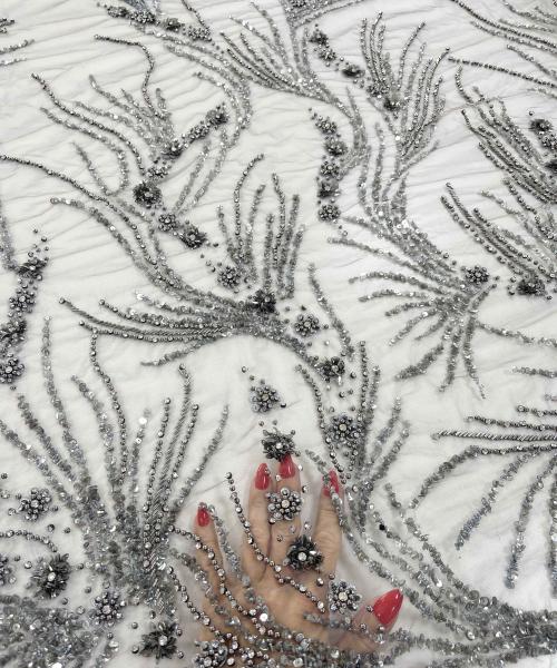 MI 14557 - Dantelă / broderie gri cu mărgele și perle argintiu închis - Ambar Textile