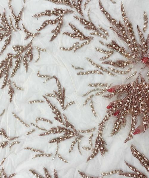 MI 14666 - Dantelă / broderie roze cu mărgele și perle roze metalizat - Ambar Textile