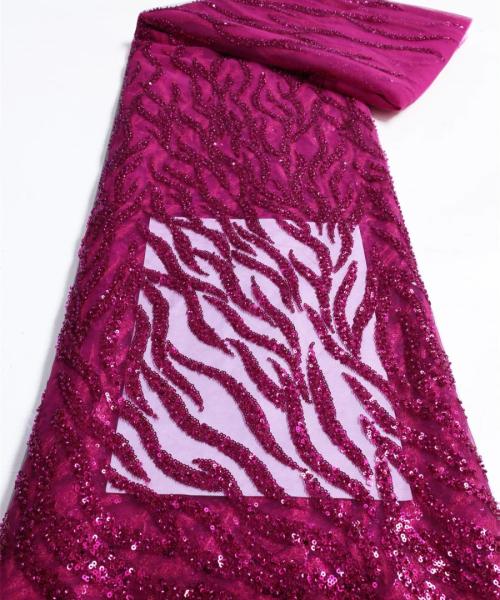 MD 1017 01 - Broderie dantela cu margele și paiete roz fuxia - Ambar Textile