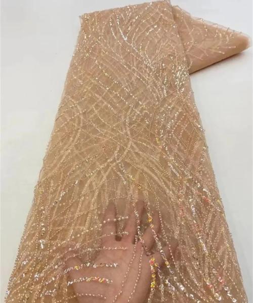 MD 1009 - Dantelă / broderie cu mărgele și perle nude bej - Ambar Textile