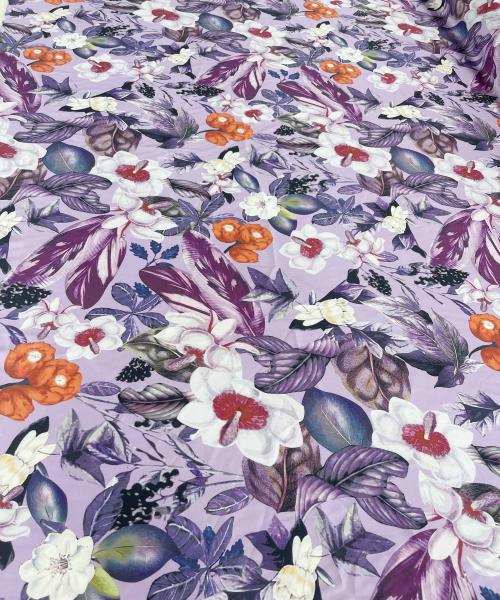 MC 148 14 01- Satin imitație de mătase naturală cu elasticitate cu imprimeu floral mov, alb, portocaliu