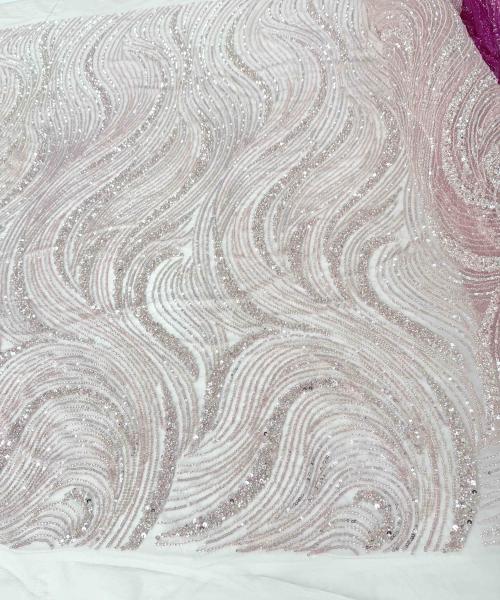 MC 650-10 01 - Broderie dantela roz pudra cu argintiu cu margele si paiete - Ambar Textile