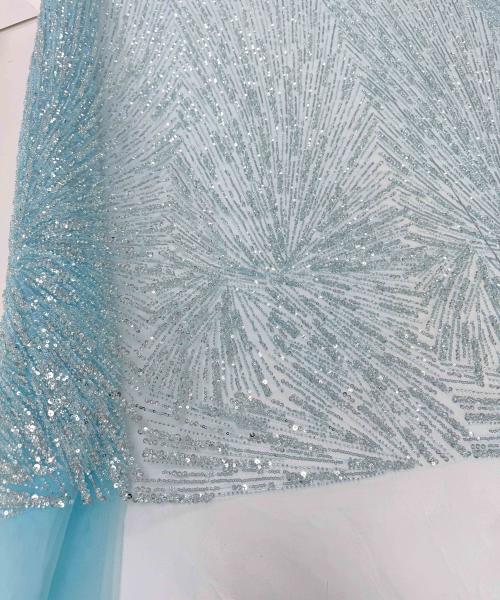 MC 650-3 02 - Broderie dantela bleu turcoaz argintiu cu margele si paiete - Ambar Textile