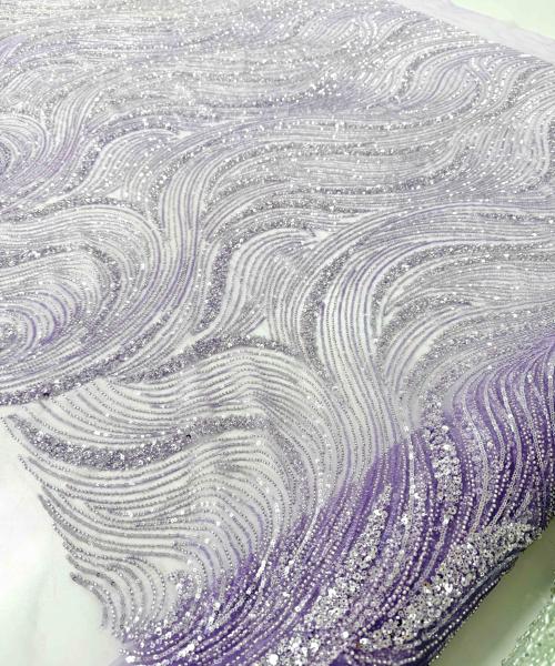 MC 650-6 01 - Broderie dantela mov lavanda argintiu cu margele si paiete - Ambar Textile